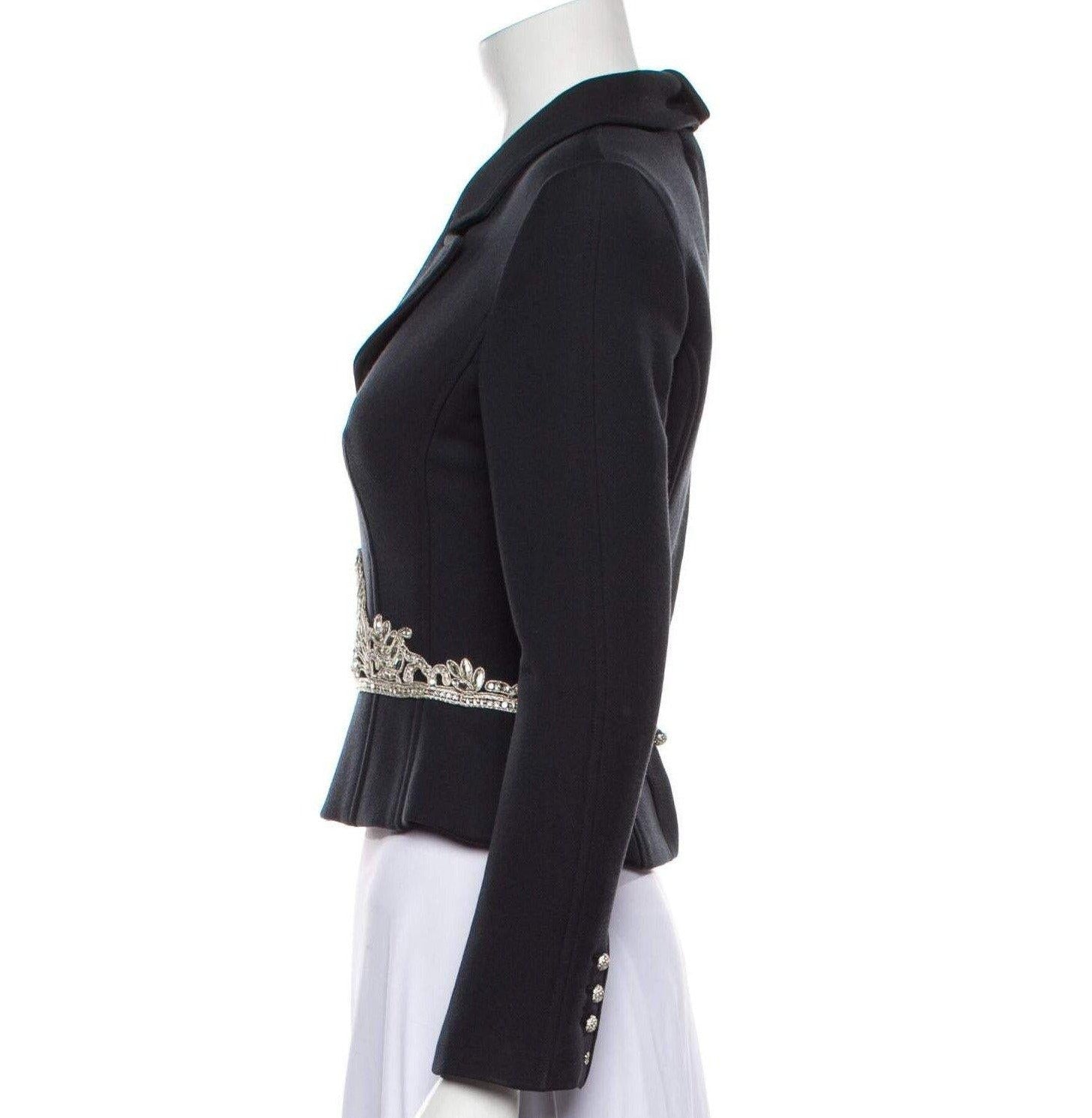 CHANEL 02A Dark Navy Rhinestones Vintage Wool Jacket Skirt Suit 38 40 42 シャネル ダークネイビー・ウール・ヘップバーン風・ラインストーン・王冠ジャケット 即発