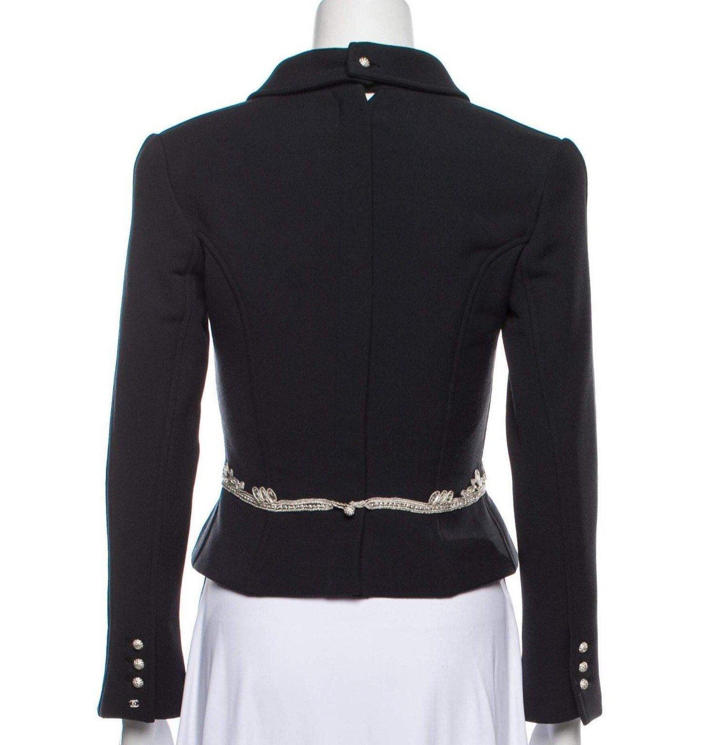 CHANEL 02A Dark Navy Rhinestones Vintage Wool Jacket Skirt Suit 38 40 42 シャネル ダークネイビー・ウール・ヘップバーン風・ラインストーン・王冠ジャケット 即発