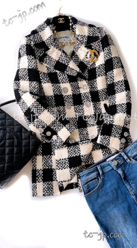 CHANEL 16PF Ivory Black Wool Silk Double Tweed Coat 34 36 38 40 シャネル アイボリー ブラック ウール シルク チェック ツイード コート メンズも!即発