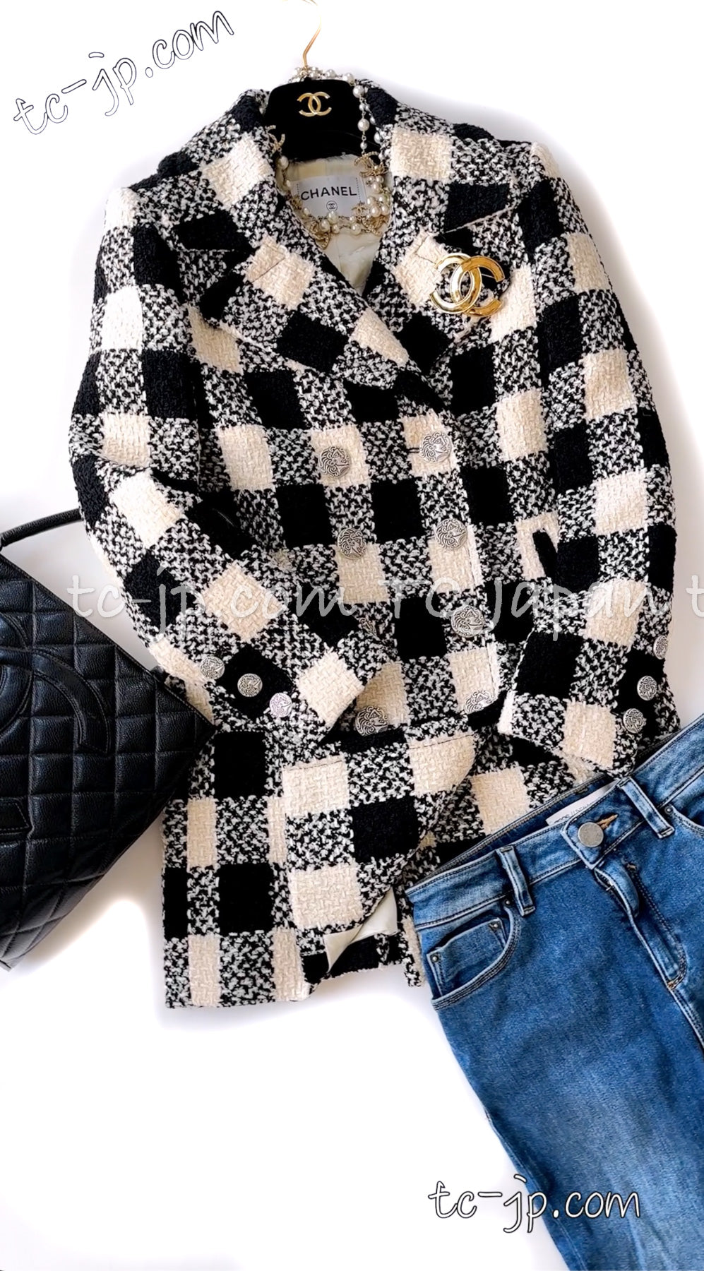 CHANEL 16PF Ivory Black Wool Silk Double Tweed Coat 34 36 38 40 シャネル アイボリー ブラック ウール シルク チェック ツイード コート メンズも!即発