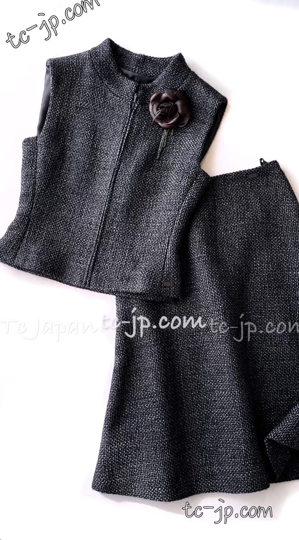 CHANEL 00A Dark Gray Zipper Setup Vest Skirt 34 36 シャネル 訳あり!ダークグレー・ジップアップ・ベスト・セットアップ・スカート 即発