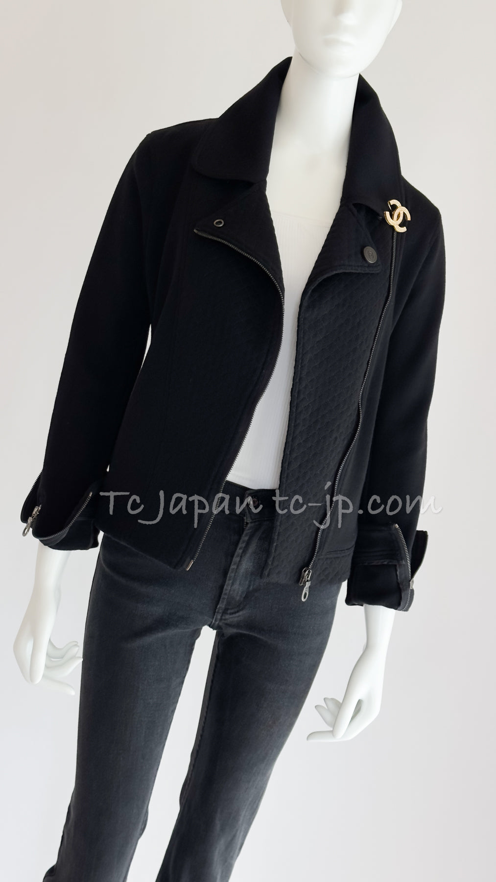 CHANEL 10S Black Riders Zipper Knit Wool Jacket 38 シャネル ブラック・ライダース・ジッパー・ニット・ウール・ジャケット 即発