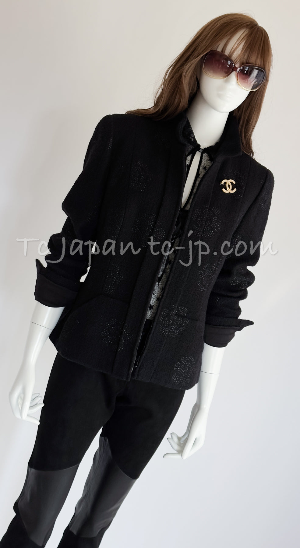 CHANEL 03C Black Camellia Stand Collar Zipper Jacket 40 42 シャネル ブラック・カメリア・スタンドカラー・ジッパー・ジャケット 即発