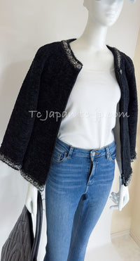 CHANEL 14A Black Silk Metallic Braided Trim Chenille Zipper Jacket 34 シャネル ブラック シルク ブレイド トリム ジッパー ジャケット 即発