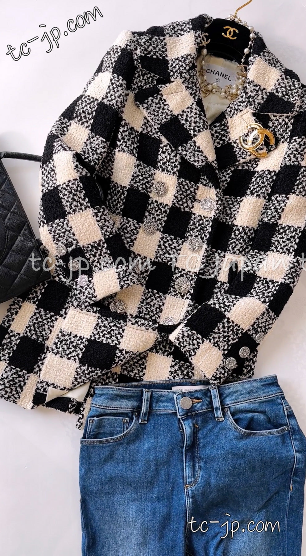 CHANEL 16PF Ivory Black Wool Silk Double Tweed Coat 34 36 38 40 シャネル アイボリー ブラック ウール シルク チェック ツイード コート メンズも!即発