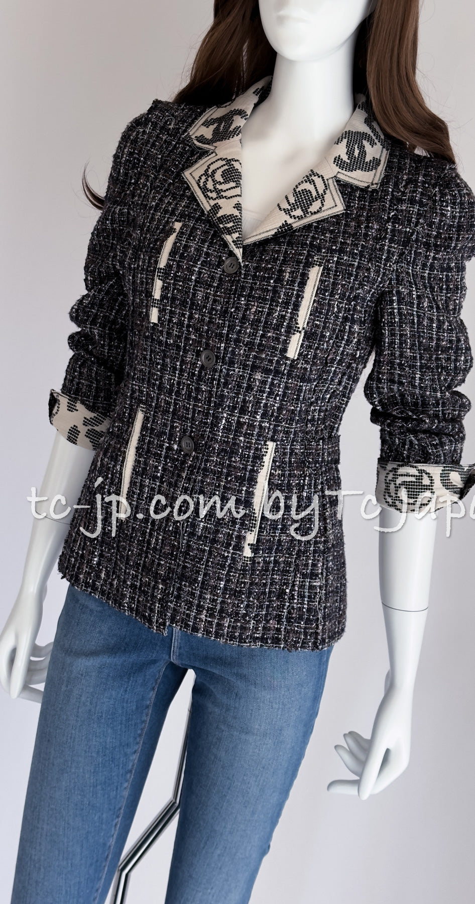 CHANEL 06S Gray Beige CC Logo Tweed Jacket Skirt Suit 38 シャネル CCロゴ グレー ベージュ ツイード ジャケット スカート スーツ 即発
