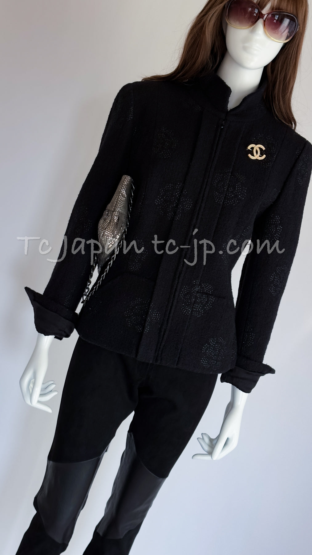 CHANEL 03C Black Camellia Stand Collar Zipper Jacket 40 42 シャネル ブラック・カメリア・スタンドカラー・ジッパー・ジャケット 即発