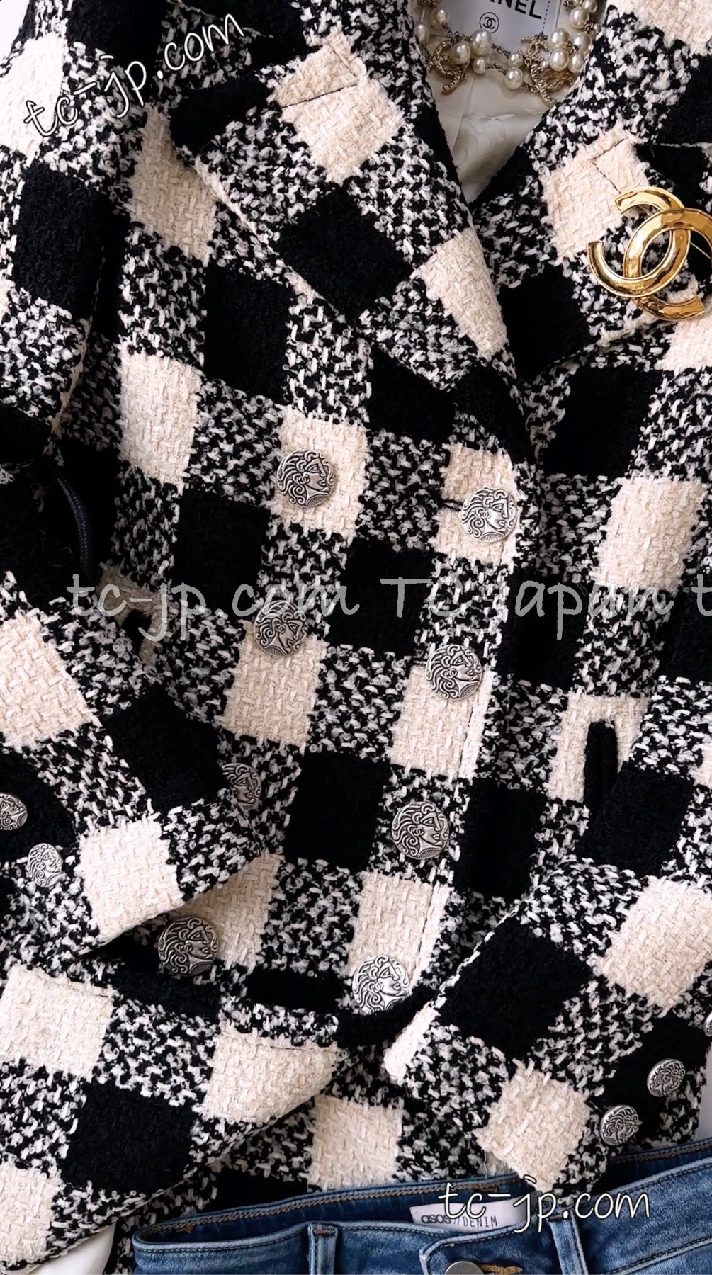 CHANEL 16PF Ivory Black Wool Silk Double Tweed Coat 34 36 38 40 シャネル アイボリー ブラック ウール シルク チェック ツイード コート メンズも!即発