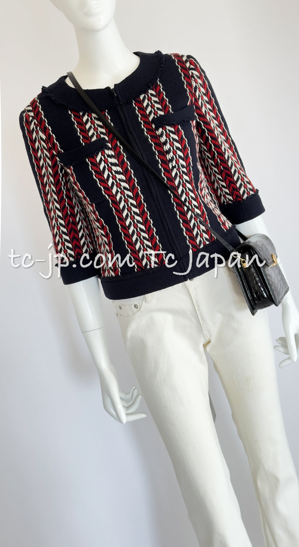 CHANEL 04A Red Navy Tricolor Zipper Tweed Jacket Skirt Suit 36 シャネル レッド ネイビー トリコロール ツイード ジャケット スカート スーツ 即発