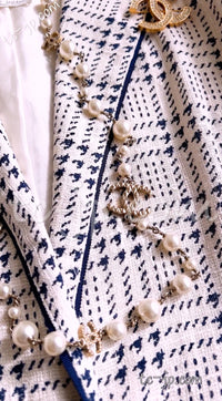 CHANEL 80's Vintage White Navy Silk Jacket Skirt Suit 34 シャネル ヴィンテージ ホワイト ネイビー シルク ジャケット スカート スーツ 即発