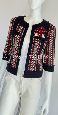 CHANEL 04A Red Navy Tricolor Zipper Tweed Jacket Skirt Suit 36 シャネル レッド ネイビー トリコロール ツイード ジャケット スカート スーツ 即発