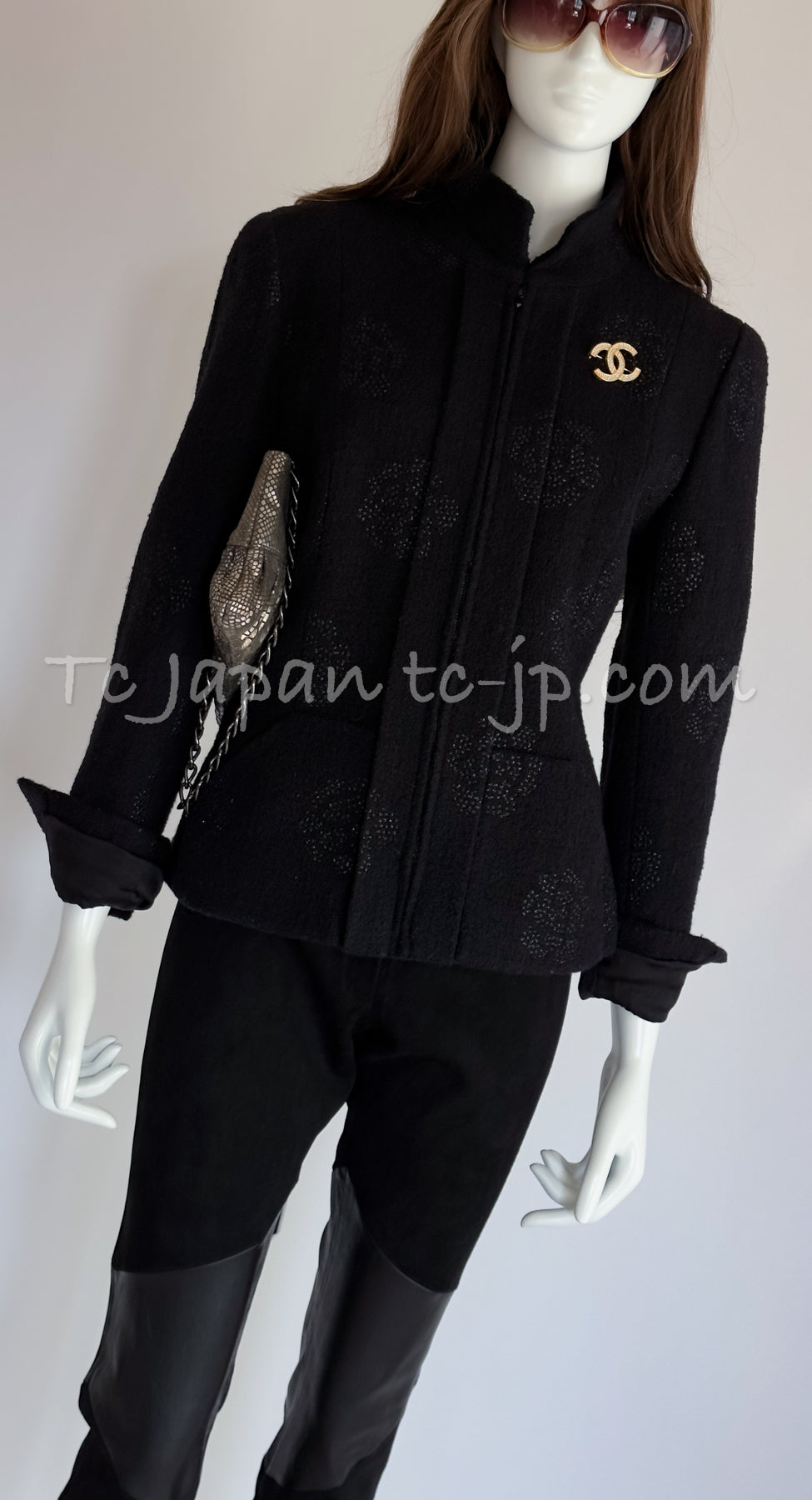 CHANEL 03C Black Camellia Stand Collar Zipper Jacket 40 42 シャネル ブラック・カメリア・スタンドカラー・ジッパー・ジャケット 即発