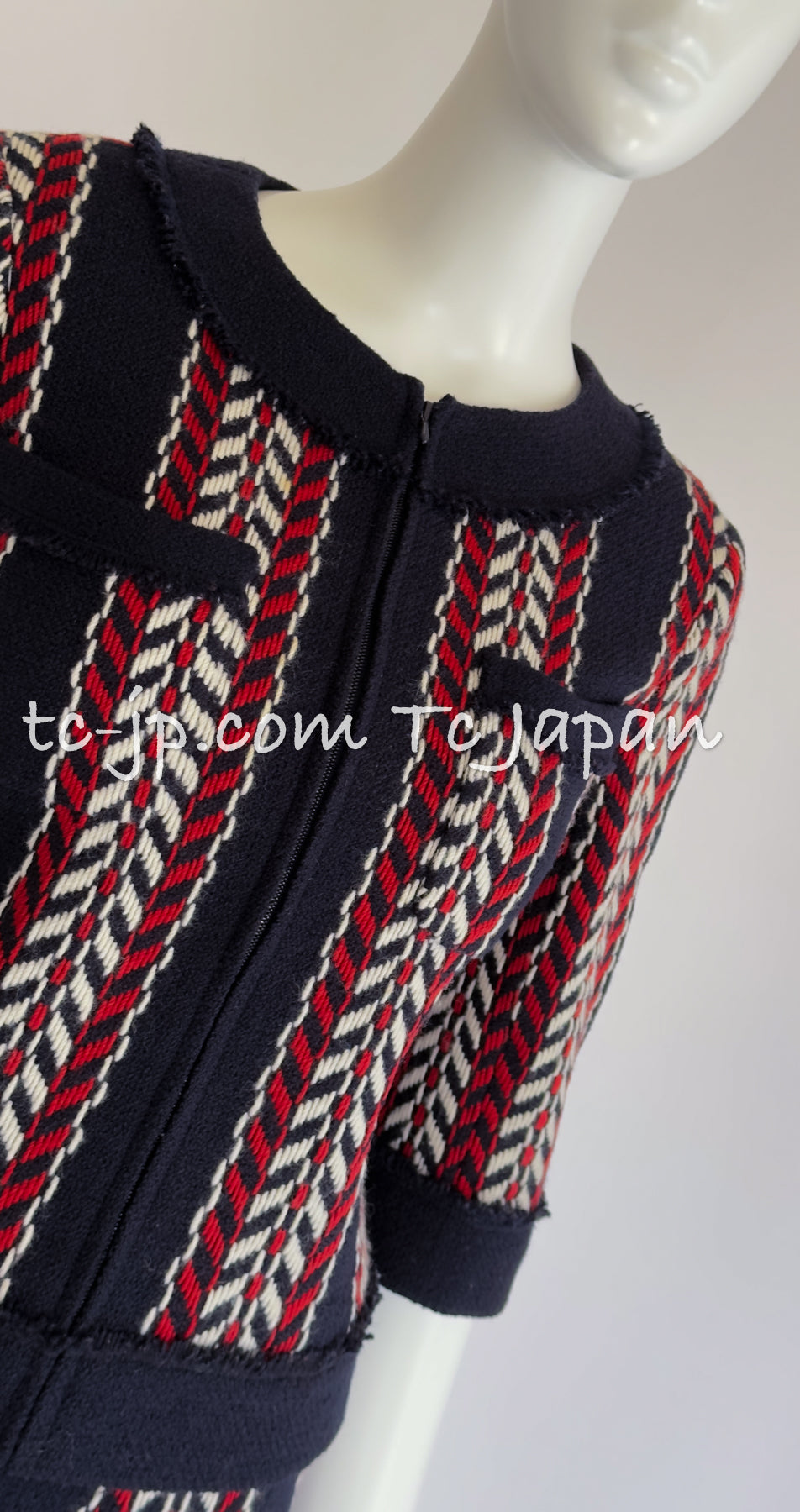 CHANEL 04A Red Navy Tricolor Zipper Tweed Jacket Skirt Suit 36 シャネル レッド ネイビー トリコロール ツイード ジャケット スカート スーツ 即発