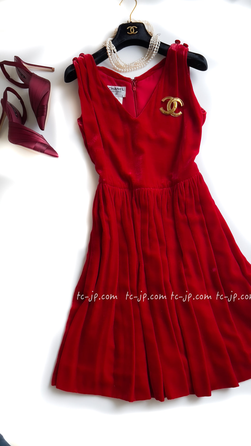 CHANEL 96S Red Velvet Dress 38 40 シャネル スーパーモデルのレッド ベルベット ドレス ワンピース 即発