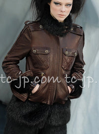 CHANEL 10A Brown Leather Jacket Coat Skirt 38 シャネル 訳あり!ブラウン・レザー・ジャケット・スカート 即発