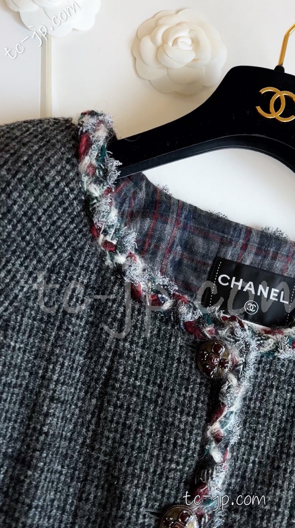 CHANEL 13PF Edinburgh Gray GreyTrim Wool Tweed Jacket 34 シャネル グレー トリミング ウール 100% ツイード ジャケット 即発