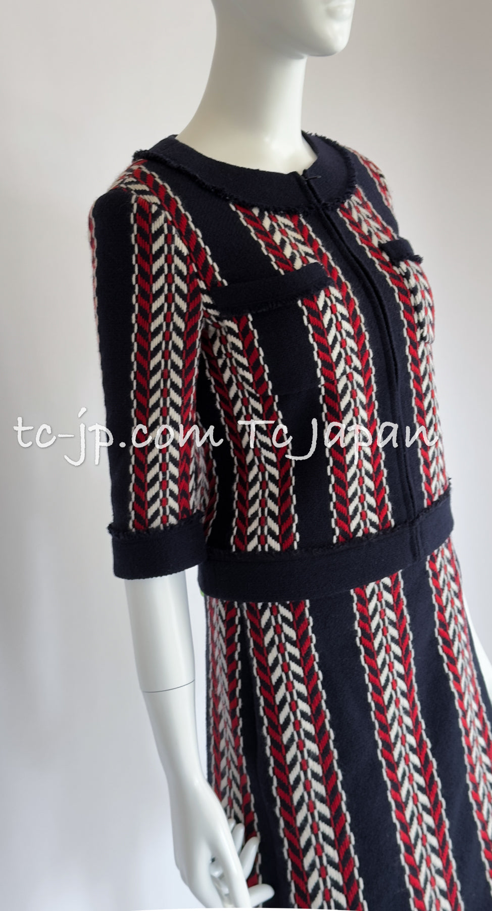 CHANEL 04A Red Navy Tricolor Zipper Tweed Jacket Skirt Suit 36 シャネル レッド ネイビー トリコロール ツイード ジャケット スカート スーツ 即発