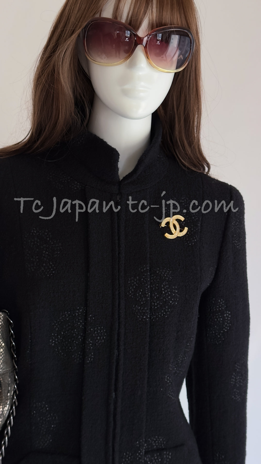 CHANEL 03C Black Camellia Stand Collar Zipper Jacket 40 42 シャネル ブラック・カメリア・スタンドカラー・ジッパー・ジャケット 即発