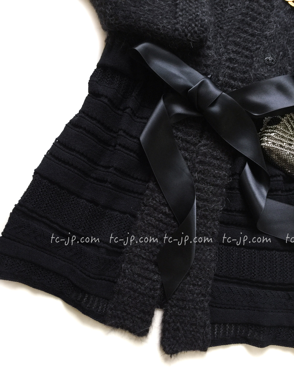 CHANEL 07PF Charcoal Black Alpaca Cardigan 36 38 シャネル 高級アルパカ リボン チャコール グレー ブラック カーディガン