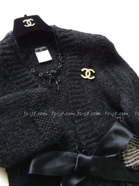 CHANEL 07PF Charcoal Black Alpaca Cardigan 36 38 シャネル 高級アルパカ リボン チャコール グレー ブラック カーディガン
