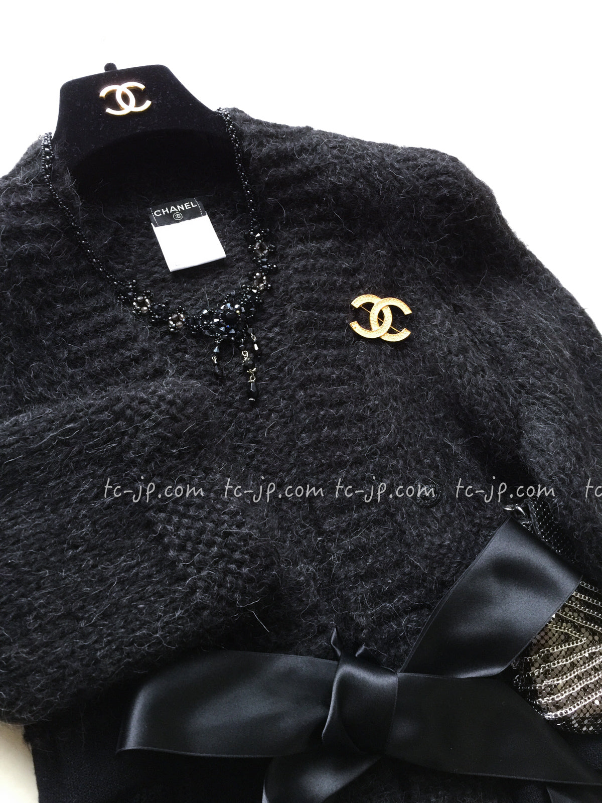 CHANEL 07PF Charcoal Black Alpaca Cardigan 36 38 シャネル 高級アルパカ リボン チャコール グレー ブラック カーディガン
