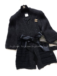 CHANEL 07PF Charcoal Black Alpaca Cardigan 36 38 シャネル 高級アルパカ リボン チャコール グレー ブラック カーディガン