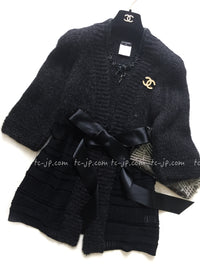 CHANEL 07PF Charcoal Black Alpaca Cardigan 36 38 シャネル 高級アルパカ リボン チャコール グレー ブラック カーディガン