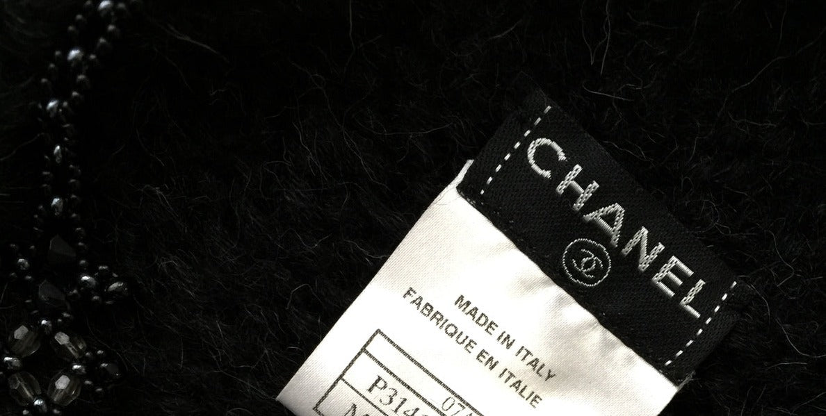 CHANEL 07PF Charcoal Black Alpaca Cardigan 36 38 シャネル 高級アルパカ リボン チャコール グレー ブラック カーディガン