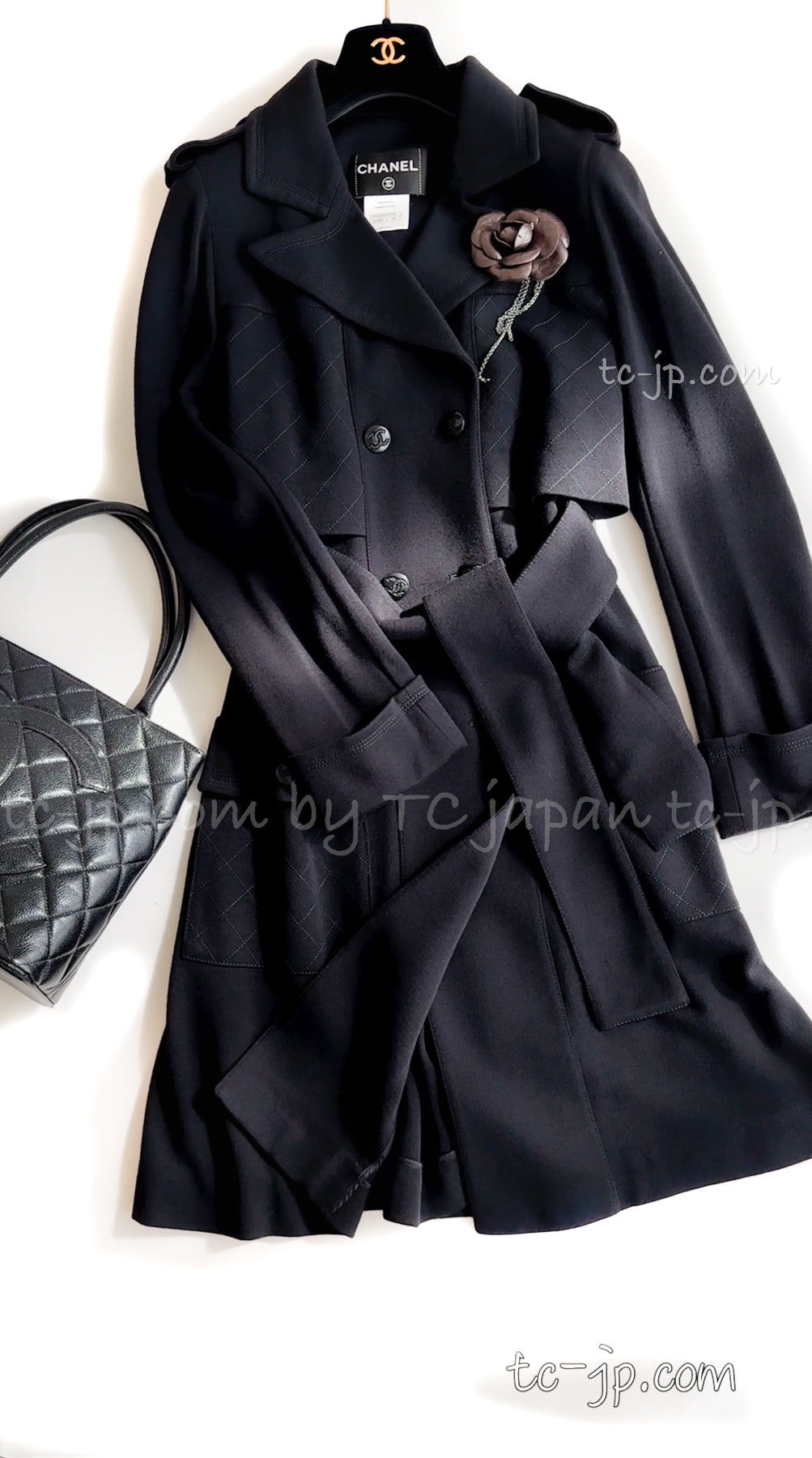 CHANEL 11A Black Soft Wool Stretch Jersey Trench Coat 38 シャネル ブラック 柔らか  ストレッチ ウール エポレット付 トレンチ コート 即発