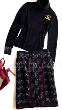 CHANEL 09PF Navy Velvet Satin Tweed Jacket Skirt 40 42 シャネル ベルベット・サテン・ジャケット・スカート 即発