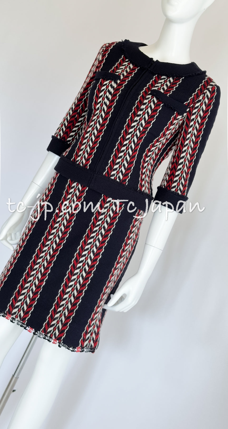 CHANEL 04A Red Navy Tricolor Zipper Tweed Jacket Skirt Suit 36 シャネル レッド ネイビー トリコロール ツイード ジャケット スカート スーツ 即発