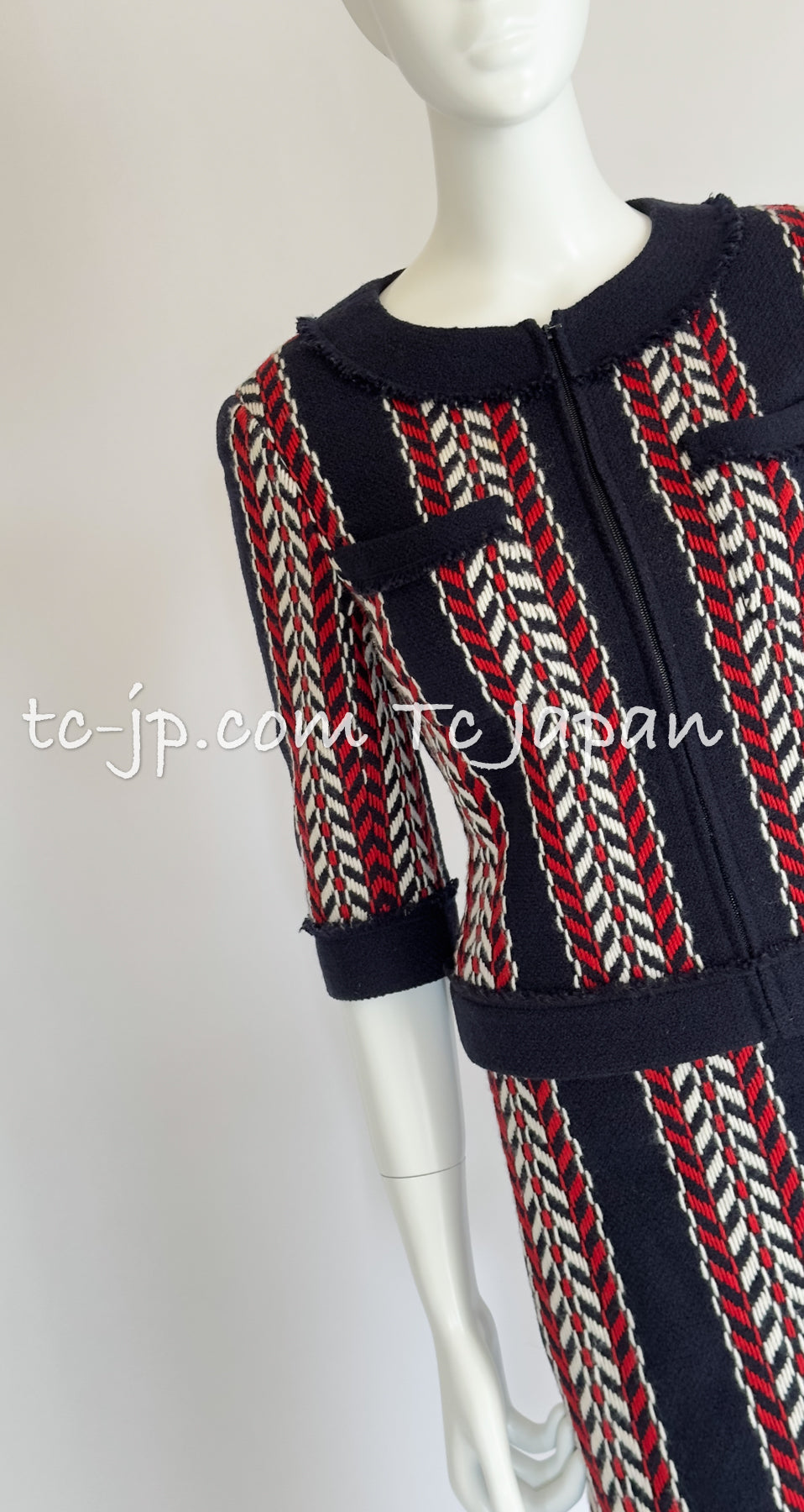 CHANEL 04A Red Navy Tricolor Zipper Tweed Jacket Skirt Suit 36 シャネル レッド ネイビー トリコロール ツイード ジャケット スカート スーツ 即発