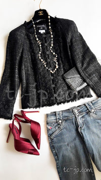 CHANEL 05PF Black Gary Fringe Trim Tweed Jacket 38 40 シャネル ブラック グレー フリンジトリム ツイード ジャケット 即発
