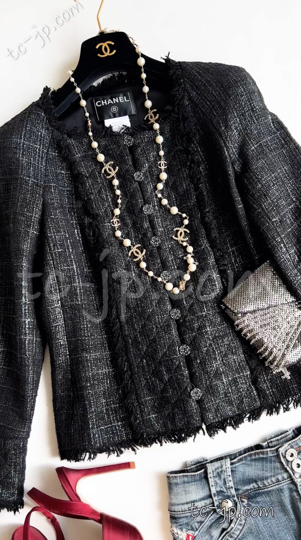 CHANEL 05PF Black Gary Fringe Trim Tweed Jacket 38 40 シャネル ブラック グレー フリンジトリム ツイード ジャケット 即発