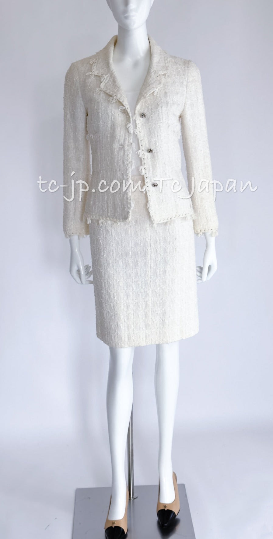 CHANEL 05C Penelope Cruz White Ivory Tweed Jacket Skirt Suit 34 36 シャネル  ペネロペクルス着・ホワイト・アイボリー・ツイード・ジャケット・スカート・スーツ 即発