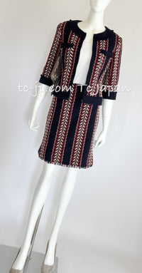 CHANEL 04A Red Navy Tricolor Zipper Tweed Jacket Skirt Suit 36 シャネル レッド ネイビー トリコロール ツイード ジャケット スカート スーツ 即発