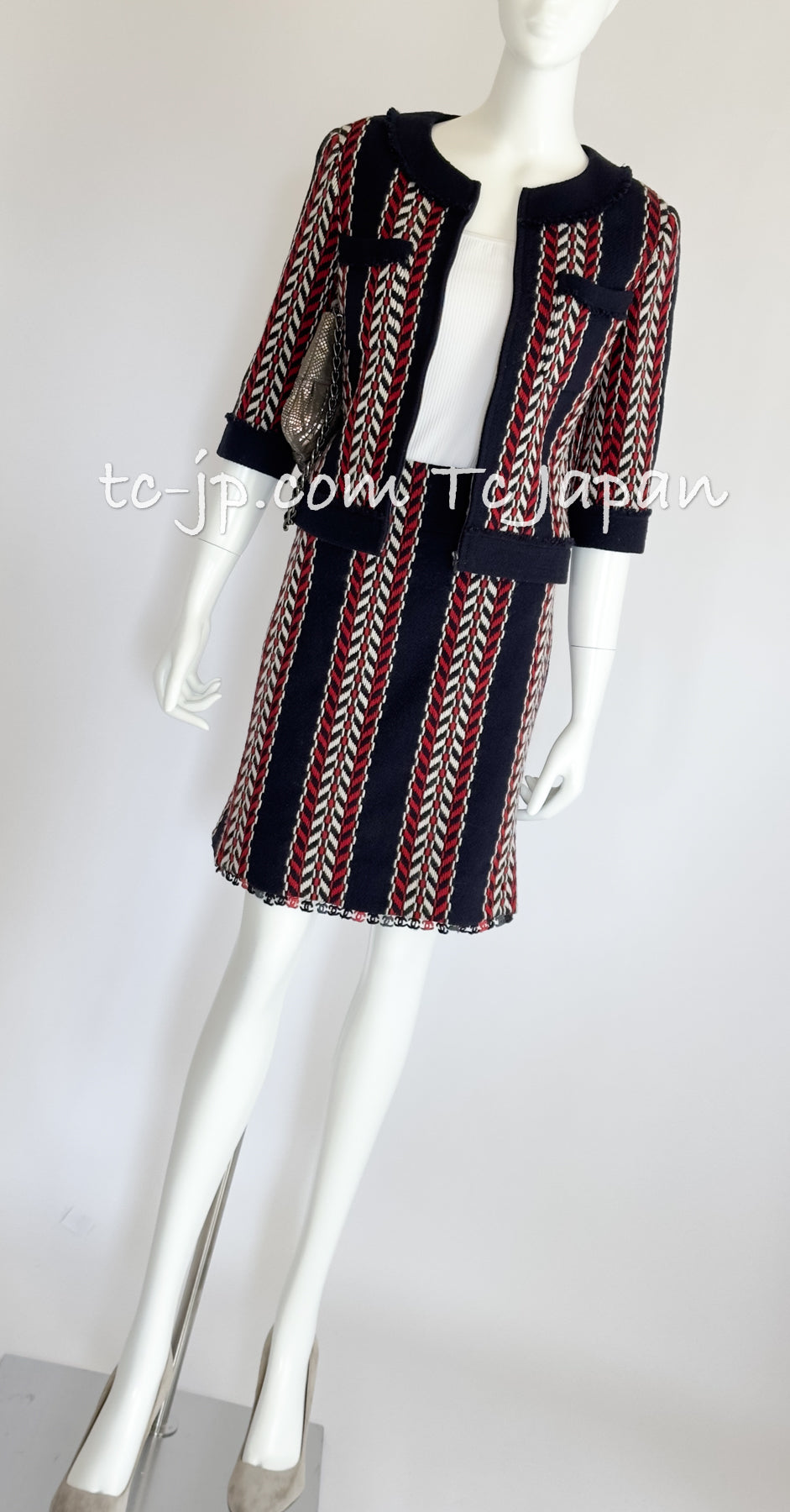 CHANEL 04A Red Navy Tricolor Zipper Tweed Jacket Skirt Suit 36 シャネル レッド ネイビー トリコロール ツイード ジャケット スカート スーツ 即発
