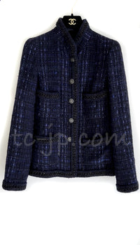 CHANEL 10PF Navy Black Cotton Silk Tweed Jacket Stand Collar 36 シャネル ネイビー ブラック コットン シルク ツイード ジャケット スタンド カラー 即発