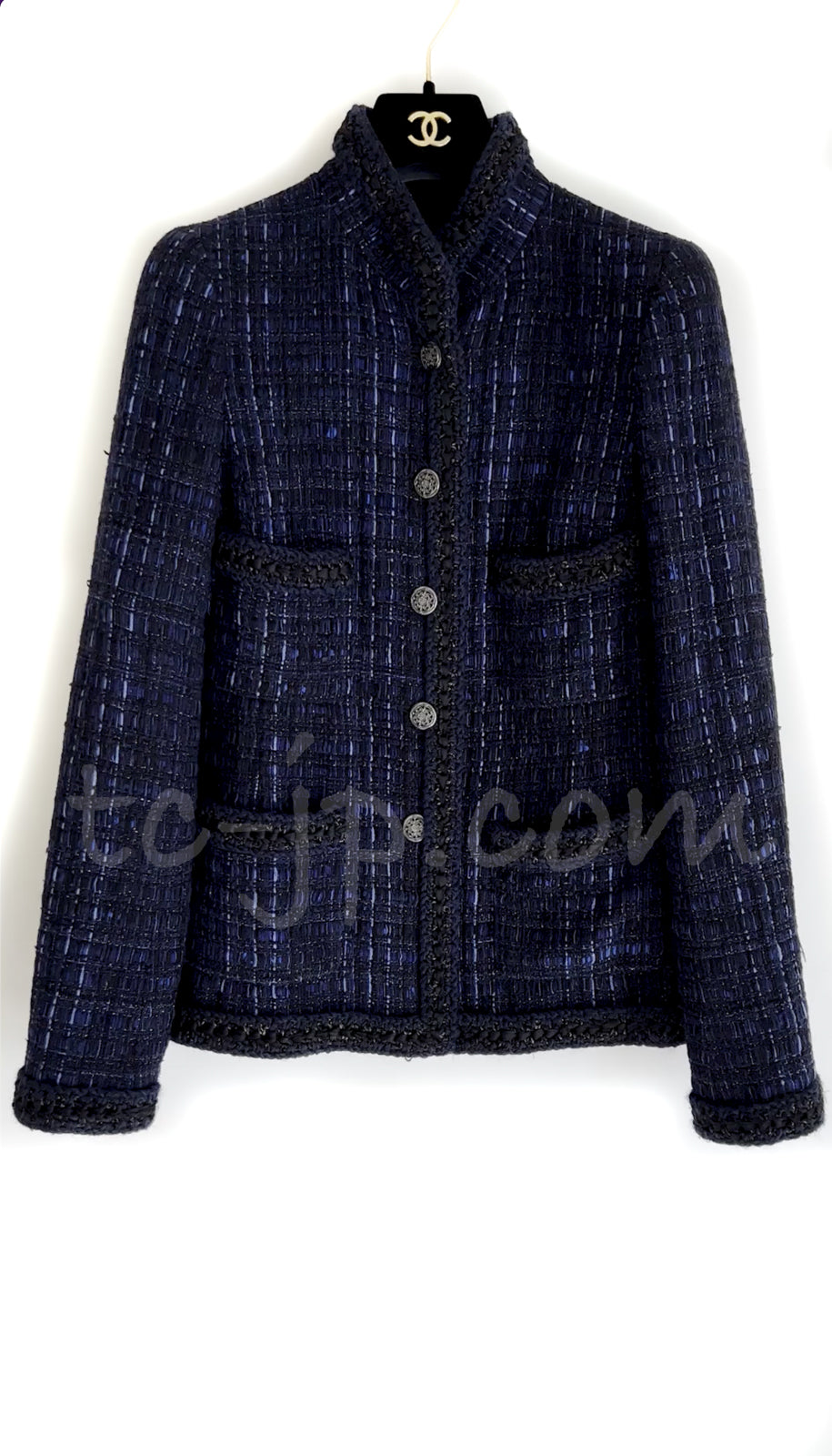 CHANEL 10PF Navy Black Cotton Silk Tweed Jacket Stand Collar 36 シャネル ネイビー ブラック コットン シルク ツイード ジャケット スタンド カラー 即発