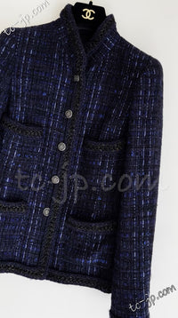 CHANEL 10PF Navy Black Cotton Silk Tweed Jacket Stand Collar 36 シャネル ネイビー ブラック コットン シルク ツイード ジャケット スタンド カラー 即発