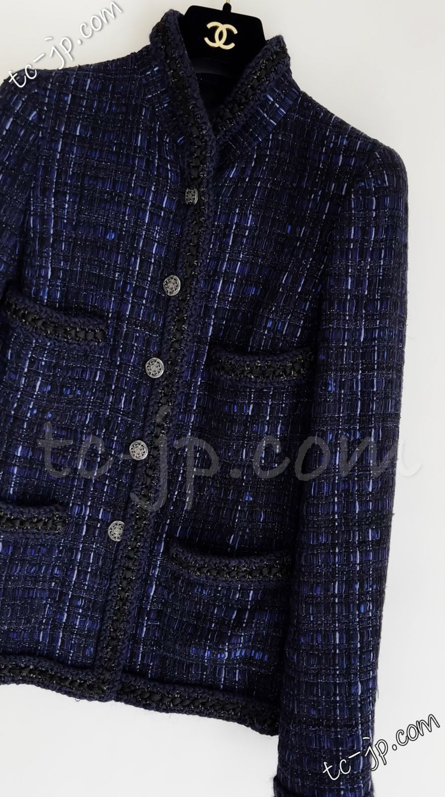 CHANEL 10PF Navy Black Cotton Silk Tweed Jacket Stand Collar 36 シャネル ネイビー ブラック コットン シルク ツイード ジャケット スタンド カラー 即発