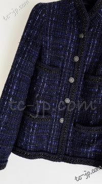 CHANEL 10PF Navy Black Cotton Silk Tweed Jacket Stand Collar 36 シャネル ネイビー ブラック コットン シルク ツイード ジャケット スタンド カラー 即発
