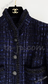 CHANEL 10PF Navy Black Cotton Silk Tweed Jacket Stand Collar 36 シャネル ネイビー ブラック コットン シルク ツイード ジャケット スタンド カラー 即発