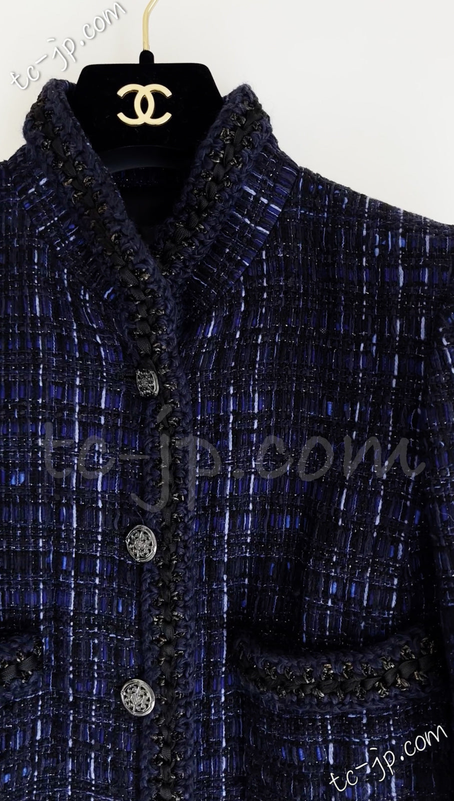 CHANEL 10PF Navy Black Cotton Silk Tweed Jacket Stand Collar 36 シャネル ネイビー ブラック コットン シルク ツイード ジャケット スタンド カラー 即発