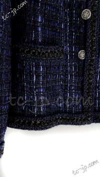 CHANEL 10PF Navy Black Cotton Silk Tweed Jacket Stand Collar 36 シャネル ネイビー ブラック コットン シルク ツイード ジャケット スタンド カラー 即発