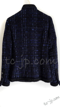 CHANEL 10PF Navy Black Cotton Silk Tweed Jacket Stand Collar 36 シャネル ネイビー ブラック コットン シルク ツイード ジャケット スタンド カラー 即発