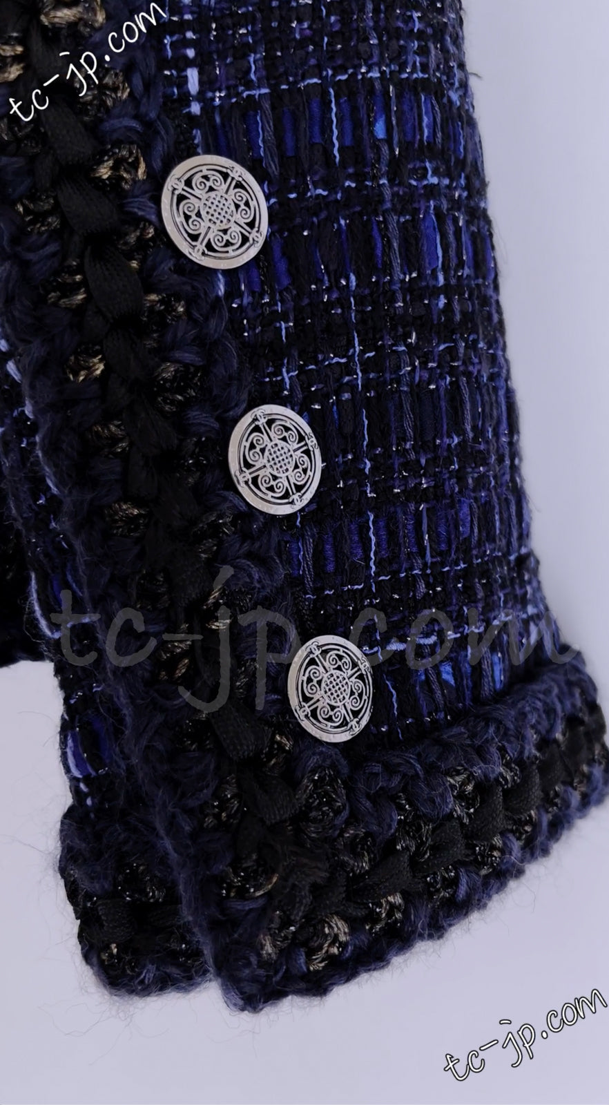 CHANEL 10PF Navy Black Cotton Silk Tweed Jacket Stand Collar 36 シャネル ネイビー ブラック コットン シルク ツイード ジャケット スタンド カラー 即発