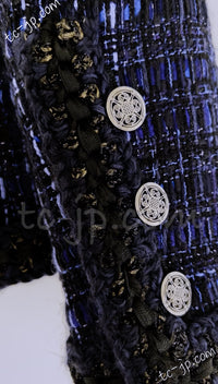 CHANEL 10PF Navy Black Cotton Silk Tweed Jacket Stand Collar 36 シャネル ネイビー ブラック コットン シルク ツイード ジャケット スタンド カラー 即発