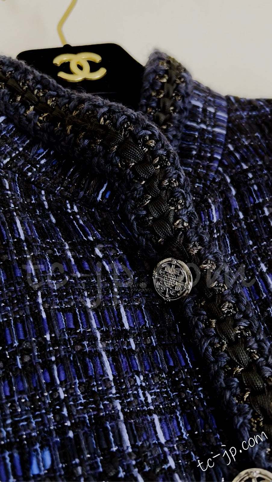 CHANEL 10PF Navy Black Cotton Silk Tweed Jacket Stand Collar 36 シャネル ネイビー ブラック コットン シルク ツイード ジャケット スタンド カラー 即発