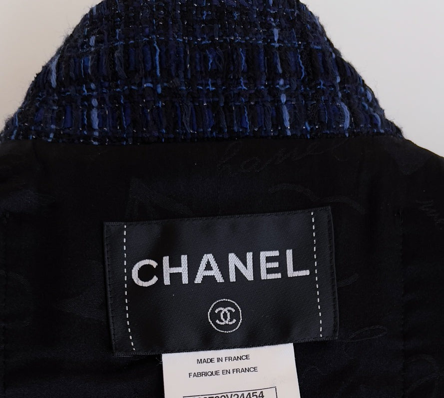 CHANEL 10PF Navy Black Cotton Silk Tweed Jacket Stand Collar 36 シャネル ネイビー ブラック コットン シルク ツイード ジャケット スタンド カラー 即発